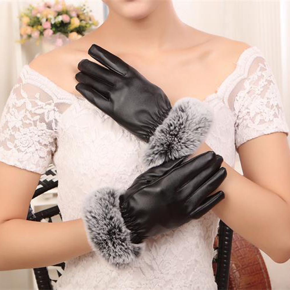 SZ60071-3 Womens Winter Touchscreen PU Leather Gloves Thermal Lining Mittens